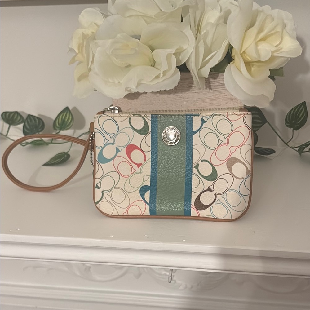 Coach Chelsea Heritage Signature Wristlet with Teal and Green Stripe